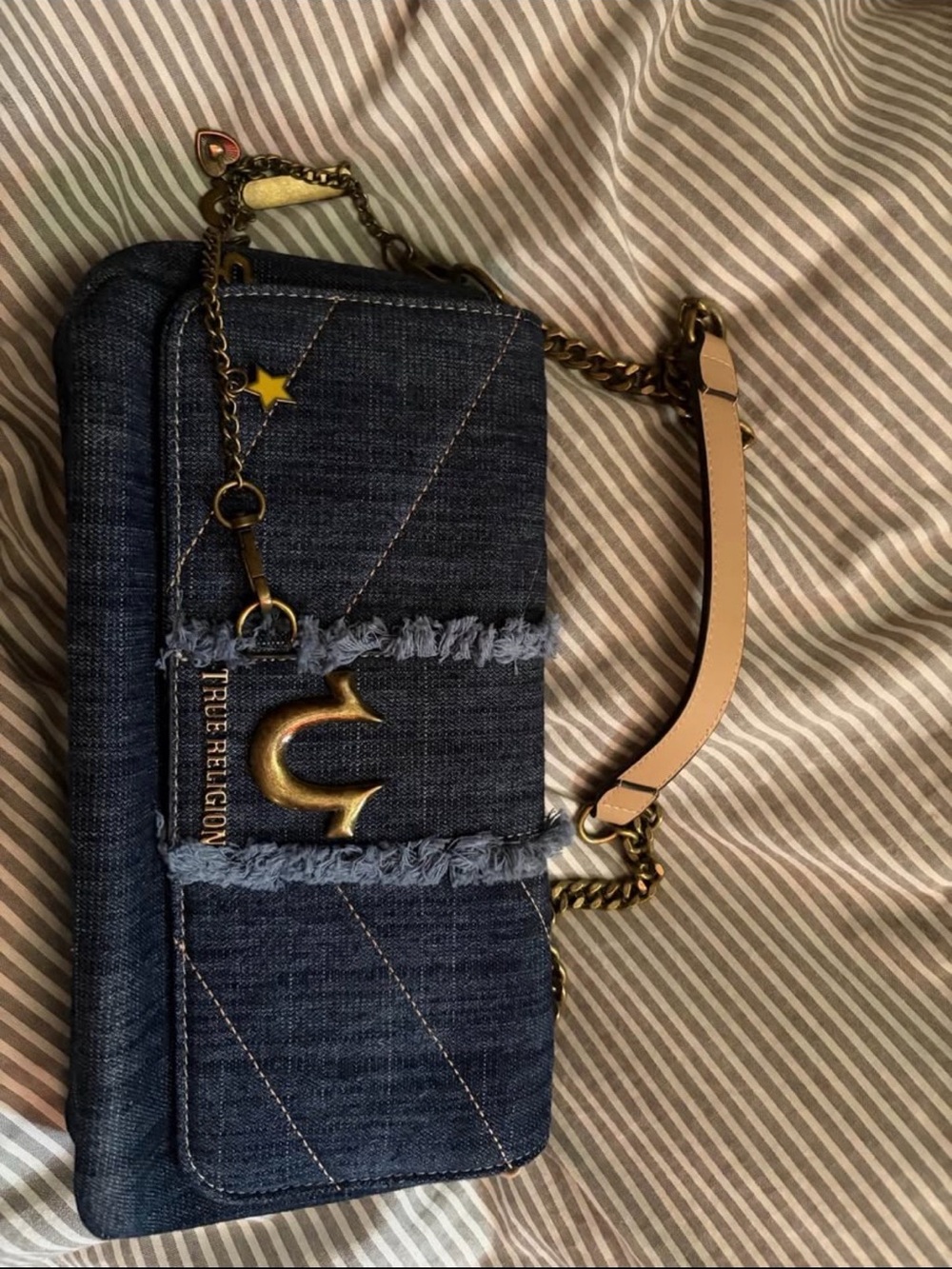 True Religion Dark Blue Denim Shoulder Bag with Gold Accents